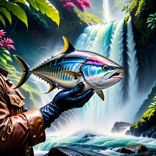 Picture of a tuna in a gloves in the waterfall