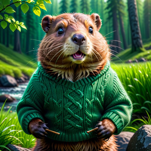 Pic of a beaver in a green sweater