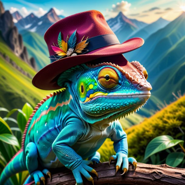 Photo of a chameleon in a hat in the mountains