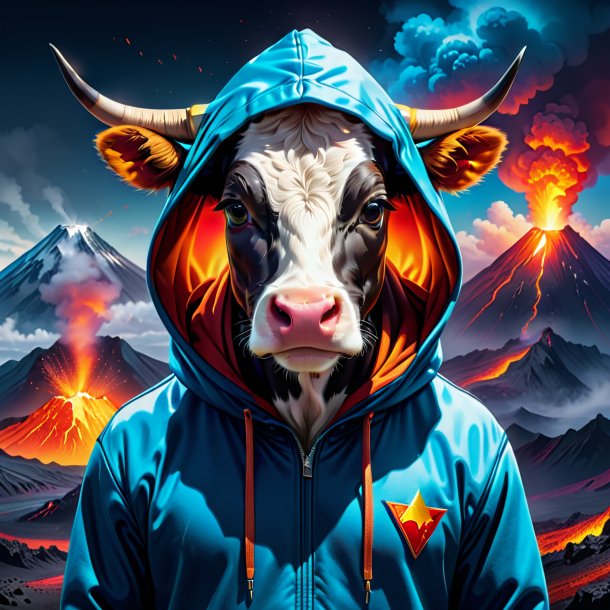 Drawing of a cow in a hoodie in the volcano