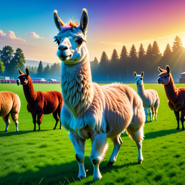 Picture of a swimming of a llama on the field