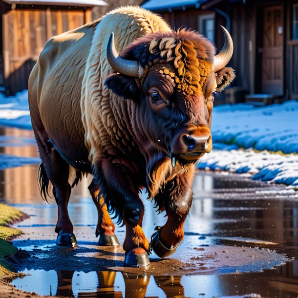 Photo of a bison in a skirt in the puddle