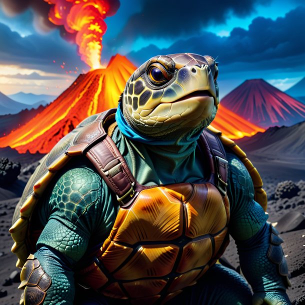 Photo of a turtle in a vest in the volcano