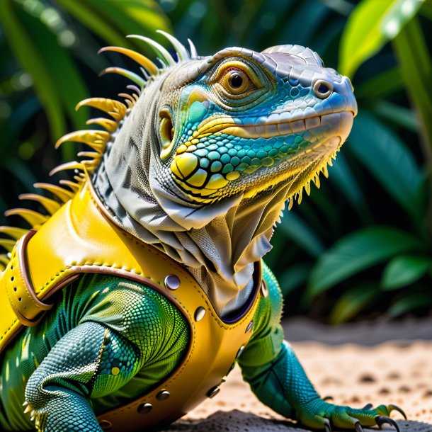 Foto de una iguana en un cinturón amarillo