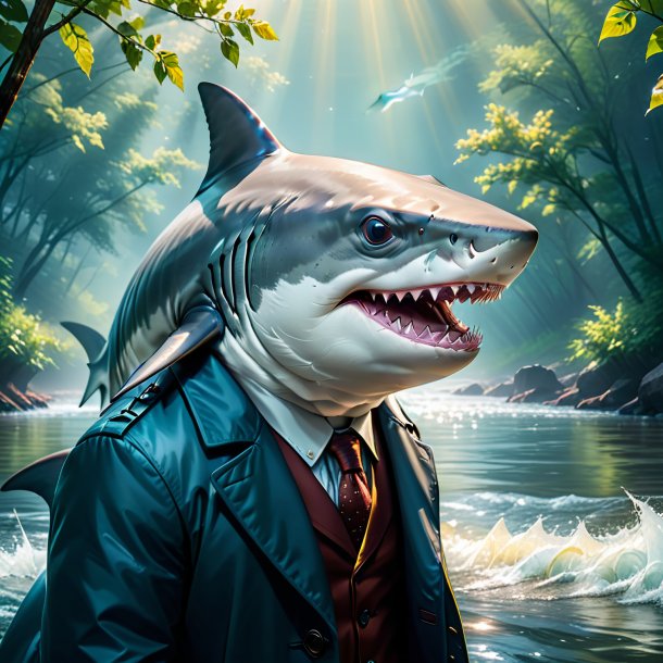 Illustration of a shark in a coat in the river