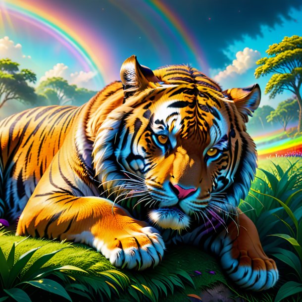 Image of a sleeping of a tiger on the rainbow