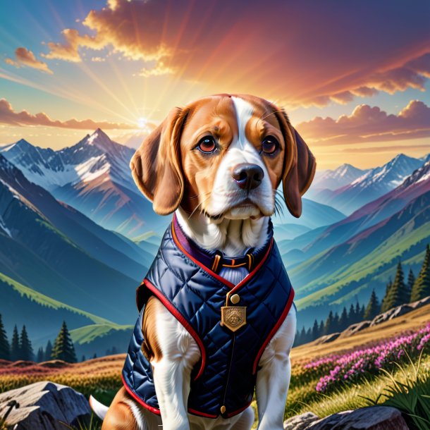 Ilustração de um beagle em um colete nas montanhas