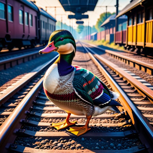 Foto de un pato en un suéter en las vías del tren