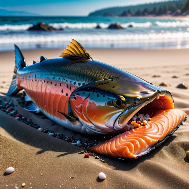 Picture of a smoking of a salmon on the beach