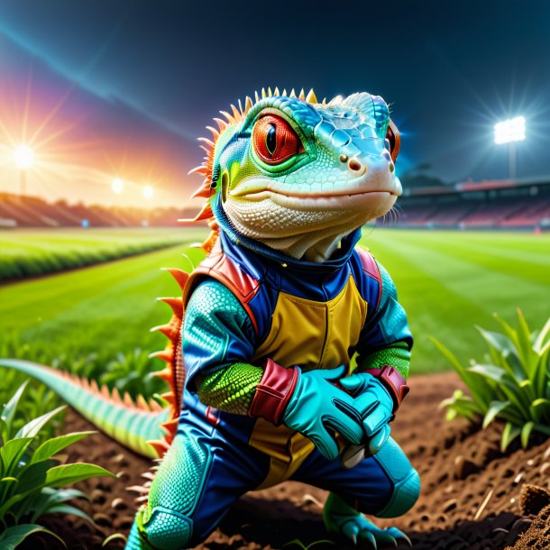 Imagem de um lagarto em uma luva no campo