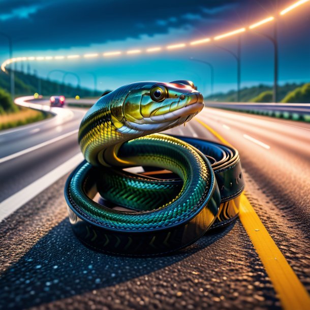 Imagen de una anguila en un cinturón en la carretera