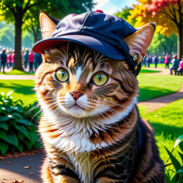 Imagem de um gato em um boné no parque