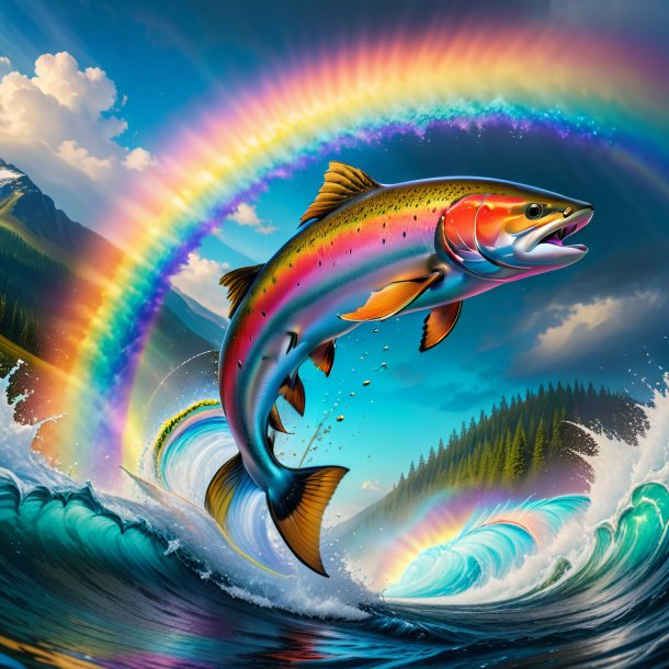 Pic of a jumping of a salmon on the rainbow