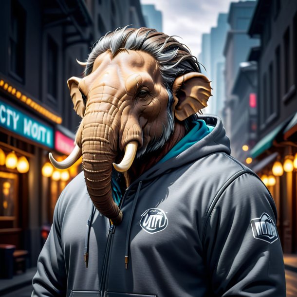 Picture of a mammoth in a gray hoodie