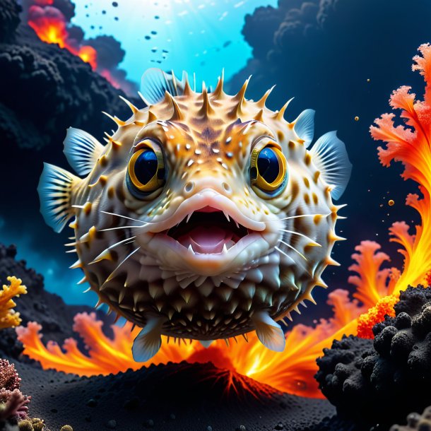 Picture of a jumping of a pufferfish in the volcano