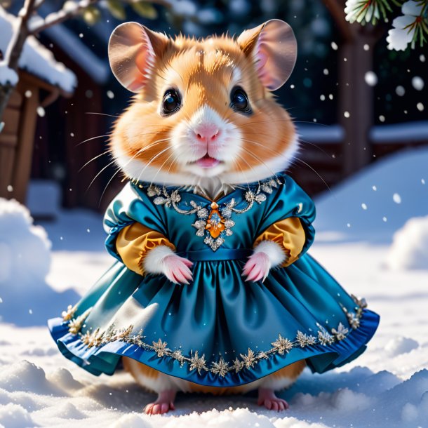 Pic d'un hamster dans une robe dans la neige