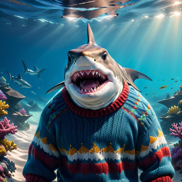 Image of a shark in a sweater in the sea