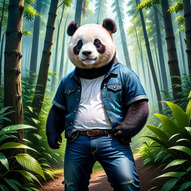 Picture of a giant panda in a jeans in the forest