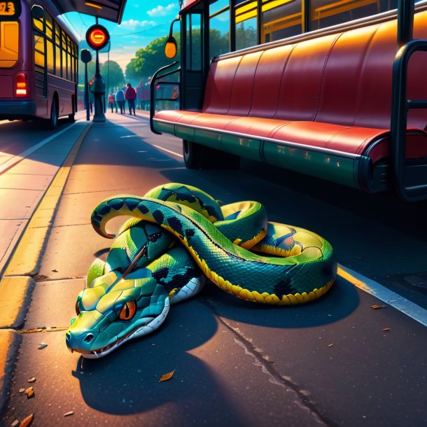 Dessin d'un serpent dans une chaussure sur l'arrêt de bus