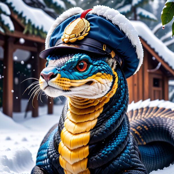 Foto de uma cobra rei em um boné na neve