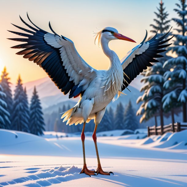 Picture of a stork in a belt in the snow