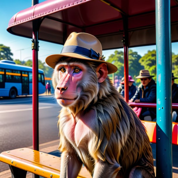 Imagen de un babuino en un sombrero en la parada de autobús