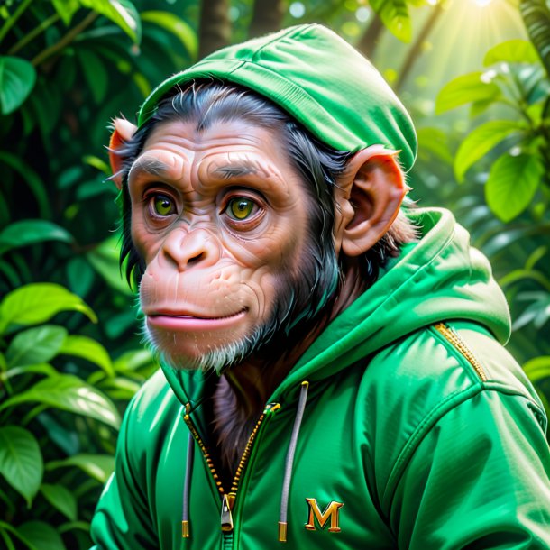 Picture of a chimpanzee in a green hoodie