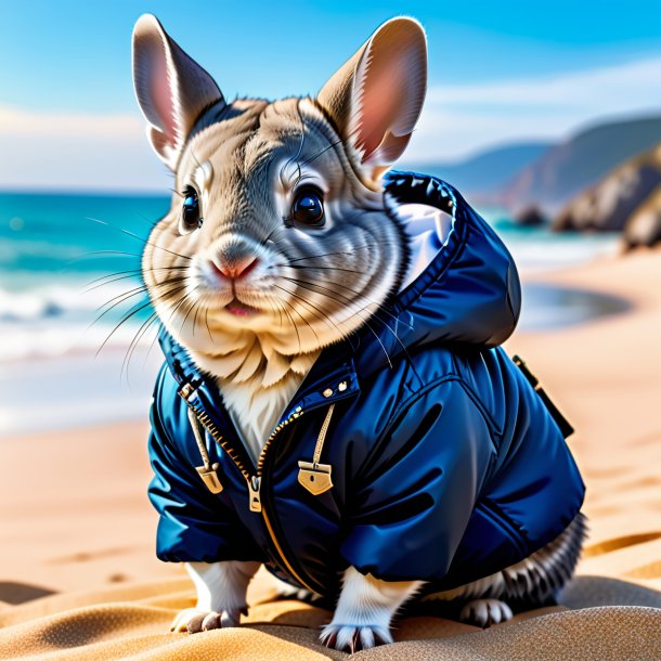 Imagen de una chinchillas en una chaqueta en la playa