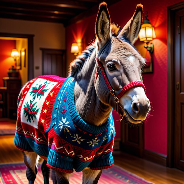 Photo of a donkey in a sweater in the house