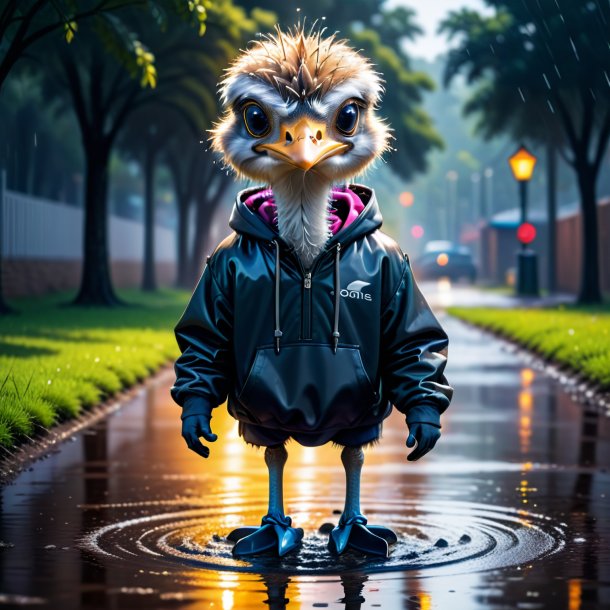 Picture of a ostrich in a hoodie in the puddle