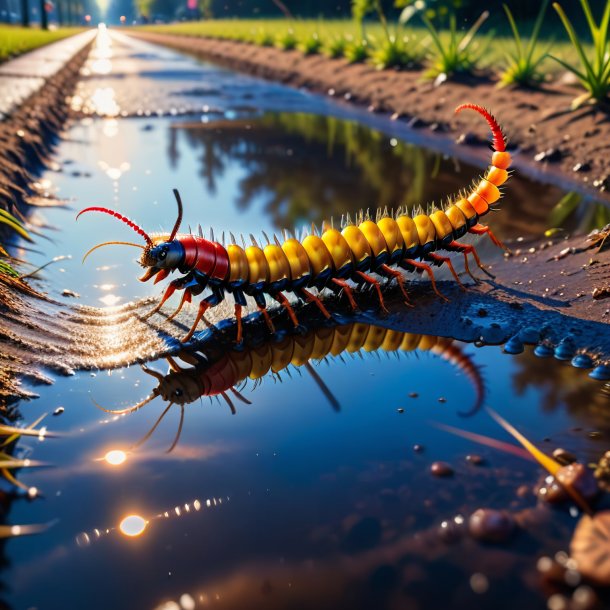 Photo of a jumping of a centipede in the puddle