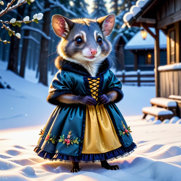 Pic d'un opossum dans une robe dans la neige