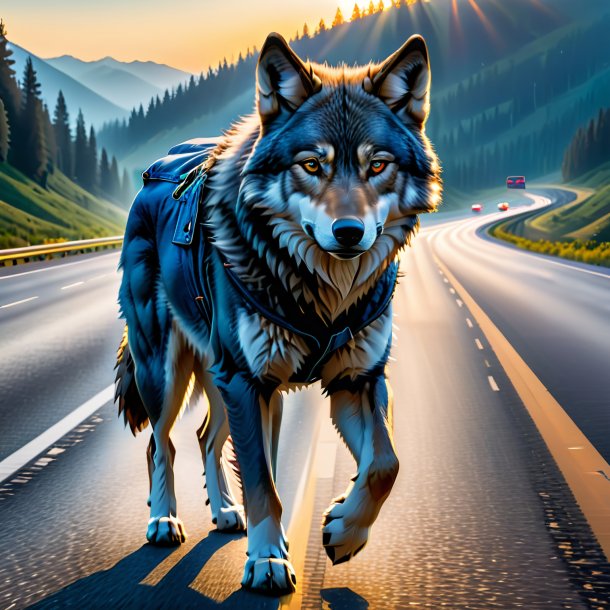 Pic of a wolf in a jeans on the highway