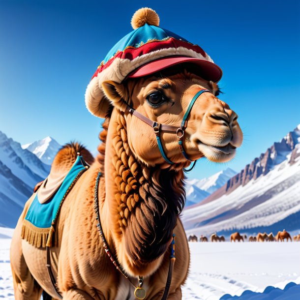 Foto de un camello en una gorra en la nieve