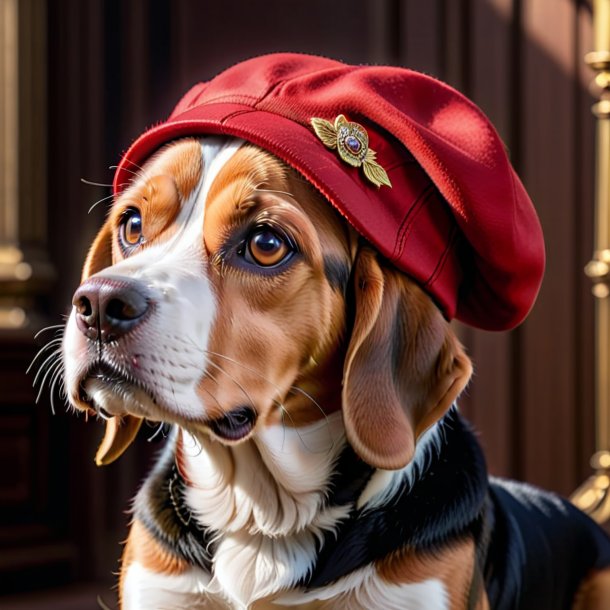 Pic d'une beagle dans une casquette rouge