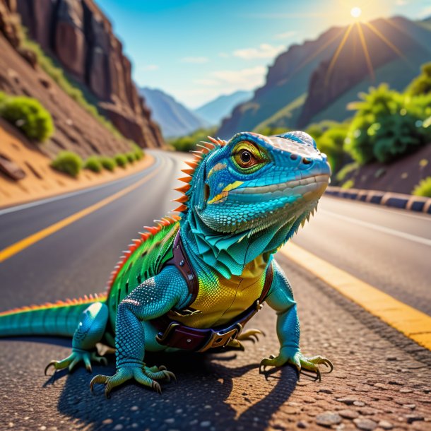 Picture of a lizard in a belt on the road