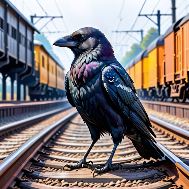 Dibujo del cuervo en la chaqueta sobre las vías del ferrocarril