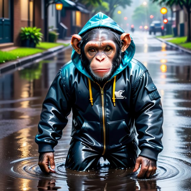 Photo of a chimpanzee in a hoodie in the puddle