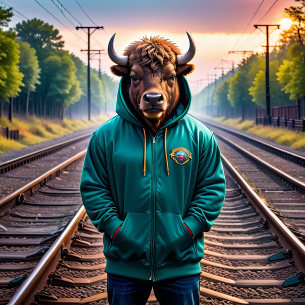 Foto de um bison em um hoodie nos trilhos ferroviários