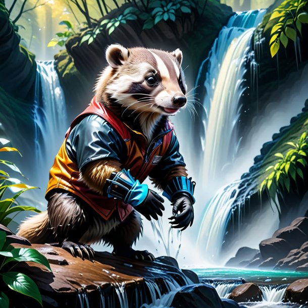 Drawing of a badger in a gloves in the waterfall