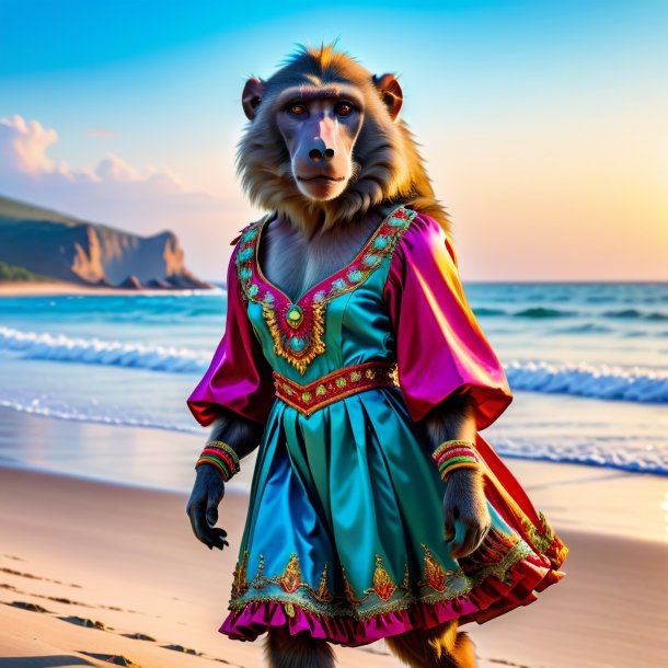 Picture of a baboon in a dress on the beach