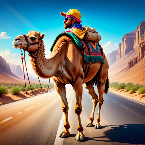 Illustration of a camel in a cap on the road