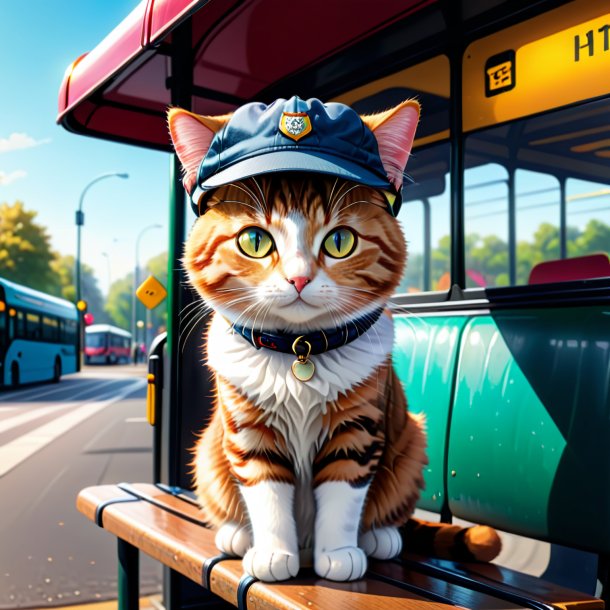 Illustration of a cat in a cap on the bus stop