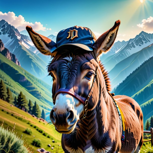 Image of a donkey in a cap in the mountains