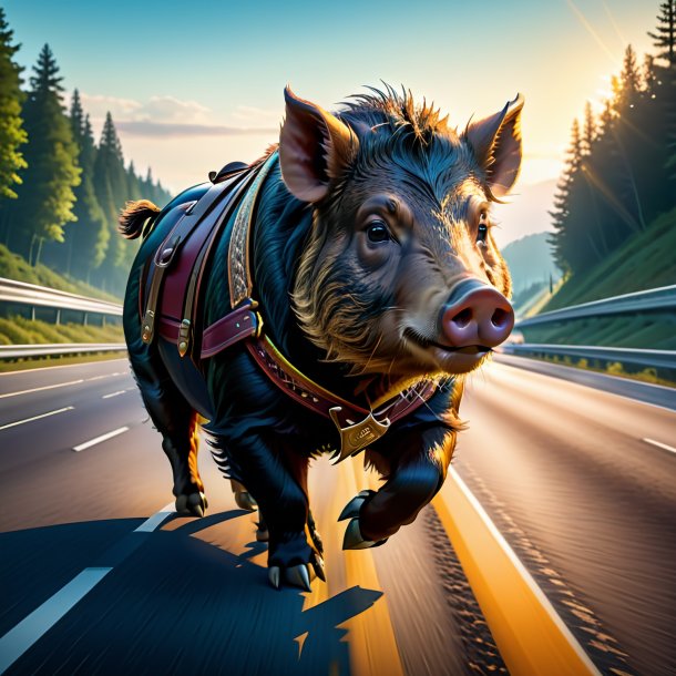 Illustration of a boar in a belt on the highway