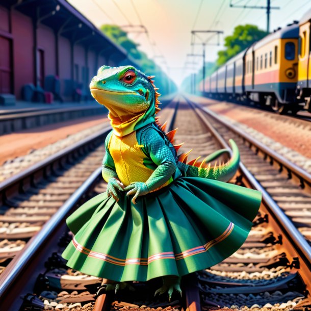 Picture of a lizard in a skirt on the railway tracks