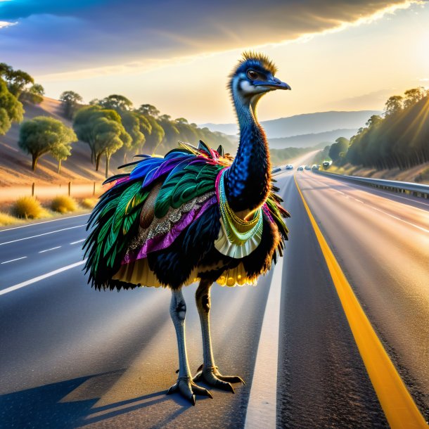 Imagem de uma emu em uma saia na estrada