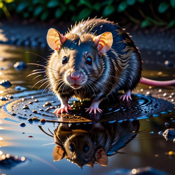 Picture of a swimming of a rat in the puddle