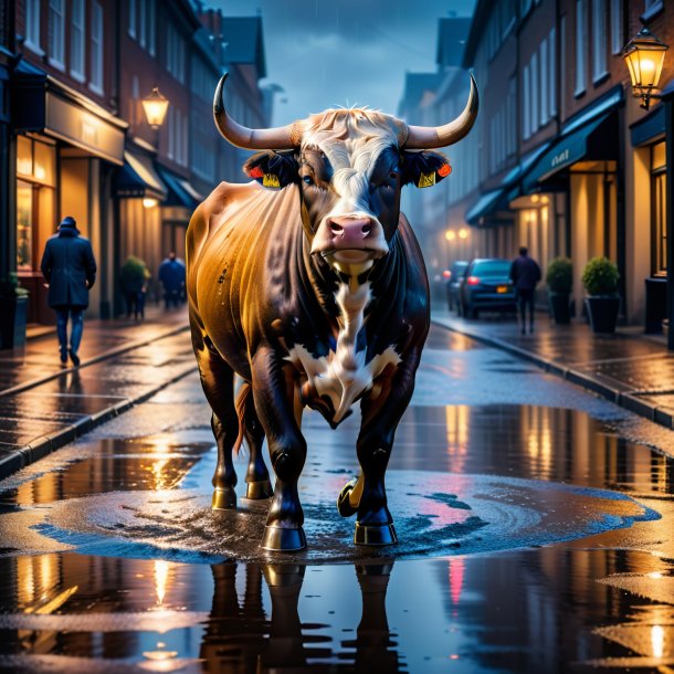 Picture of a bull in a coat in the puddle