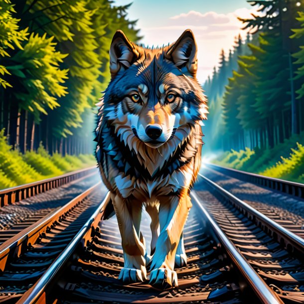 Foto de una natación de un lobo en las vías del tren